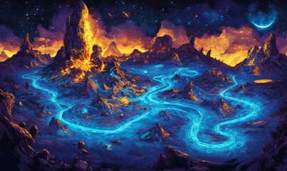 Fototapeta premium A fantasy island map with glowing blue outlines, fiery mountains, and winding paths, set in a mystical landscape
