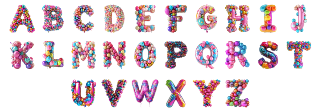 Pack Alphabets A to Z in Birthday Style set Against Transparent Background for Party Decorations, Celebratory Designs, or Festive Typography Applications