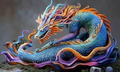Fototapeta premium A fearsome and intricate dragon sculpture, showcasing a blend of vibrant colors and elaborate patterns, exuding an aura of mythical power and ancient artistry.