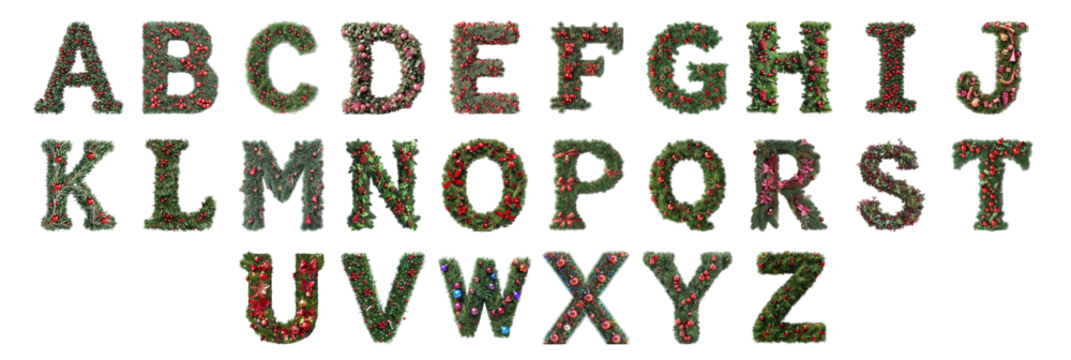 Pack Alphabets A to Z in Christmas Style set Against a Transparent Background for Holiday Designs, Festive Branding, or Seasonal Typography Applications