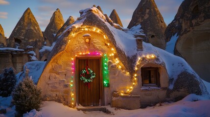 Fototapeta premium Enchanting stone house in Cappadocia, Turkey, surrounded by fairy chimneys, decorated with colorful string lights, a festive wreath, and snow-dusted rocks creating a magical winter ambiance.