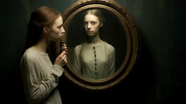 Woman looking at her reflection in an antique mirror. Eerie atmosphere in a dark room. Gothic horror concept for book cover, movie poster, or Halloween design