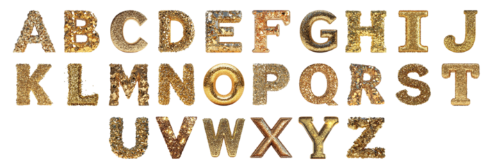 Pack Alphabets A to Z in Glittering Gold Style set Against a Transparent Background for Luxury Designs, Elegant Branding, or Festive Typography Applications