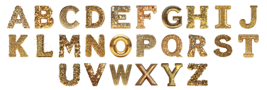 Pack Alphabets A to Z in Glittering Gold Style set Against a Transparent Background for Luxury Designs, Elegant Branding, or Festive Typography Applications