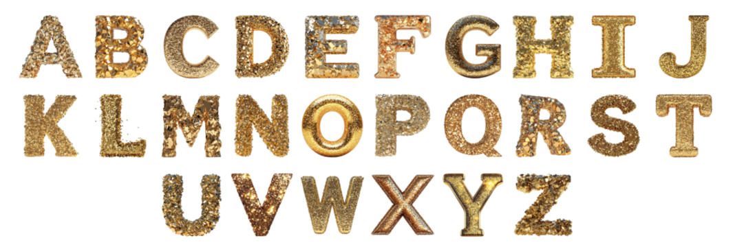 Pack Alphabets A to Z in Glittering Gold Style set Against a Transparent Background for Luxury Designs, Elegant Branding, or Festive Typography Applications