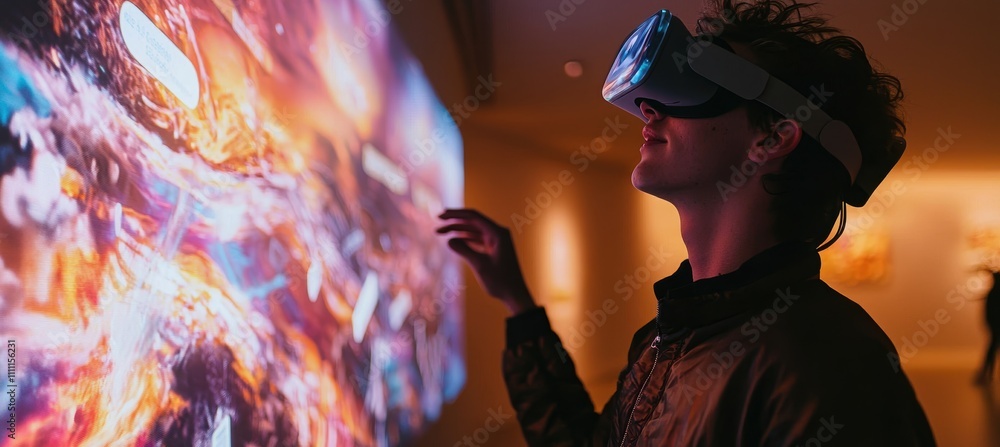 Poster interactive museum experience with ai and augmented reality in a modern gallery setting