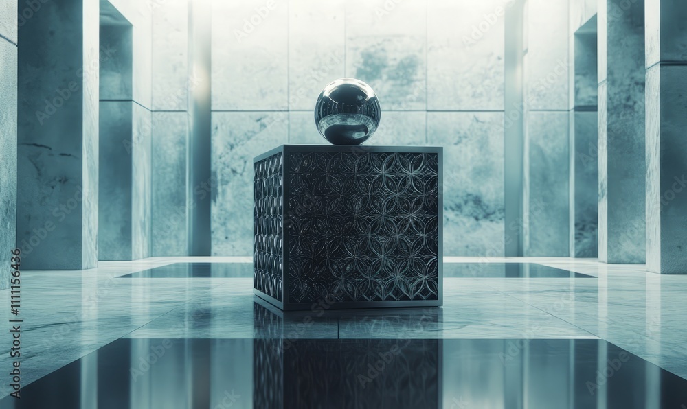 Poster a futuristic, intricately designed cube featuring geometric patterns and a metallic sphere, placed i
