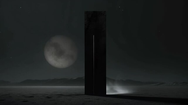 Mysterious monolith in moonlit desert landscape. Eerie atmosphere with dark sky and glowing moon. Enigmatic sci-fi scene for thriller movie poster or book cover design.