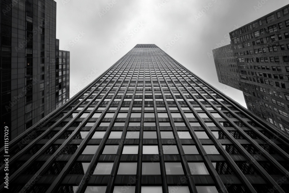 Poster a tall building with many windows and a cloudy sky in the background