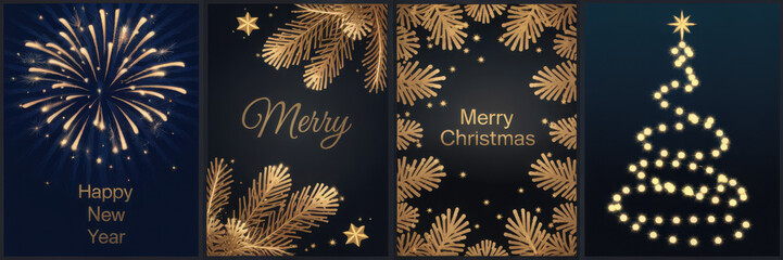 Obraz premium Luxury gold happy holiday invitation card design vector. Christmas tree, leaves, holly, firework with spot texture on navy blue background. Design illustration for cover, print, poster, ads.