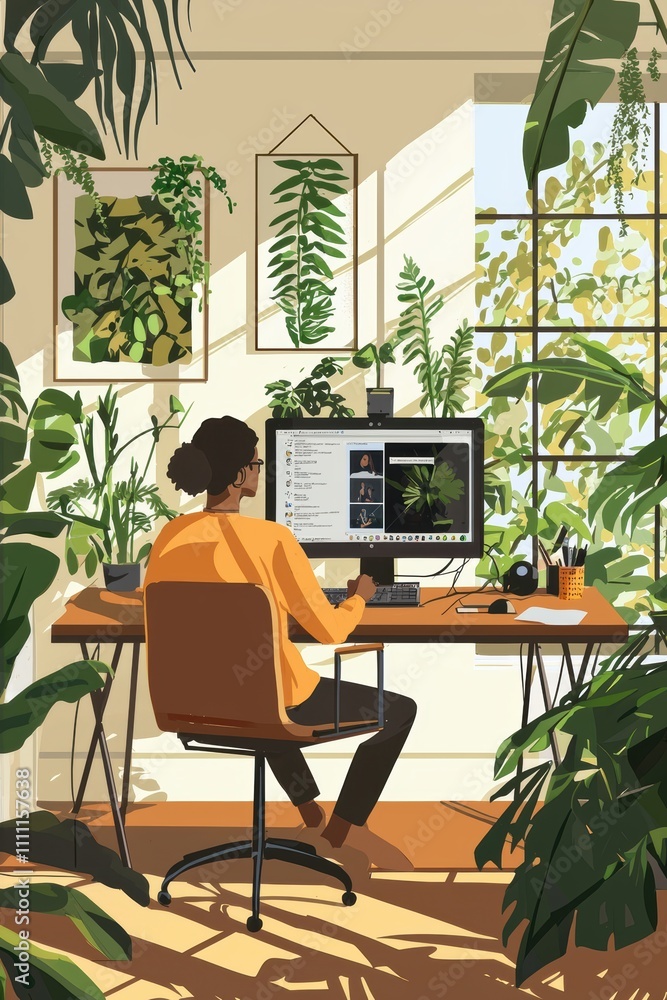 Aufkleber remote worker utilizing ai meeting assistant for efficient task management in a cozy home office
