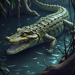 Fototapeta premium A lurking crocodile in the mysterious waters of a vibrant wetland, digital illustration of wildlife art concept.
