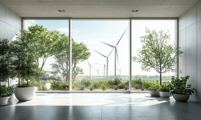 Fototapeta premium A modern, eco-friendly interior features large windows with wind turbines visible outside, complemented by greenery in pots, promoting sustainability and fresh air