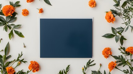 Dark blue card surrounded by orange marigold flowers and green leaves on a white background. Flat lay composition with copy space for invitations and floral designs.

