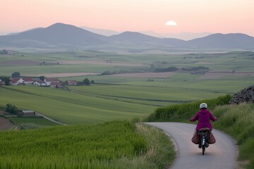 Fototapeta premium Woman cycling on scenic rural road at sunset amid rolling hills
