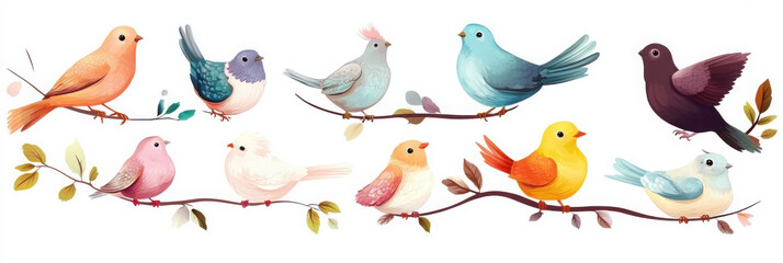 Fototapeta premium Colorful set of cartoon birds - brown sparrows, blue parakeets, white doves, yellow titmouse and grey pigeons. Feathered characters couples in different poses and leafy branches with berries.