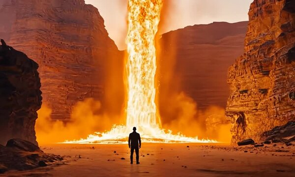Fiery Inferno: A Man Contemplates a Volcanic Firefall in a Desert Canyon