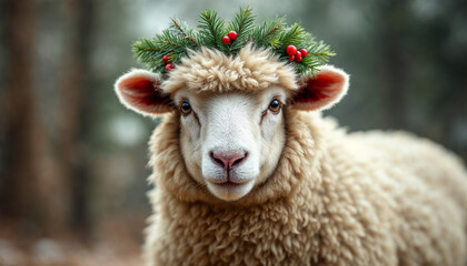 fluffy christmas sheep goat animal decorated for christmas with garland wreath and red berries head crown neck, 