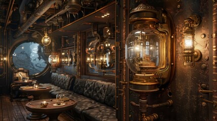 Obraz premium Steampunk-style interior of a luxurious train carriage with circular window, brass lamps, and leather seating.