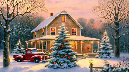 Oil painting artistic image of country farmhouse decorated for Christmas, 2 blue spruces with Christmas lights, vintage red pickup truck in yard with Christmas tree in back, in the style of 
