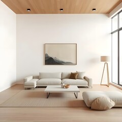 Minimalist Japandi-inspired modern living room with clean lines, natural textures, and a neutral color palette, evoking a sense of calm and serenity.