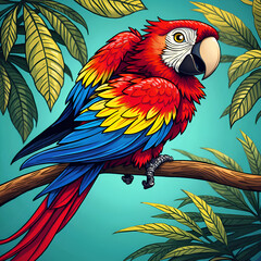 Fototapeta premium Colorful parrot perched among tropical foliage, digital illustration of nature concept.