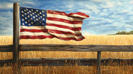 Weathered american flag gently waving in breeze draped over rustic wooden fence with golden wheat field in background. Rustic. Illustration