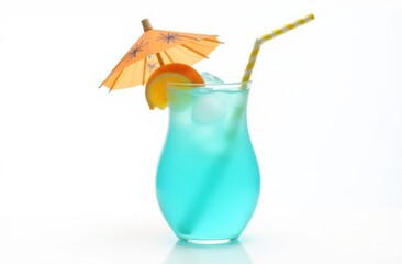 Glass of blue cocktail on white background. Tall glass of blue cocktail with straw and an orange slice in it. Straw is yellow and umbrella is orange