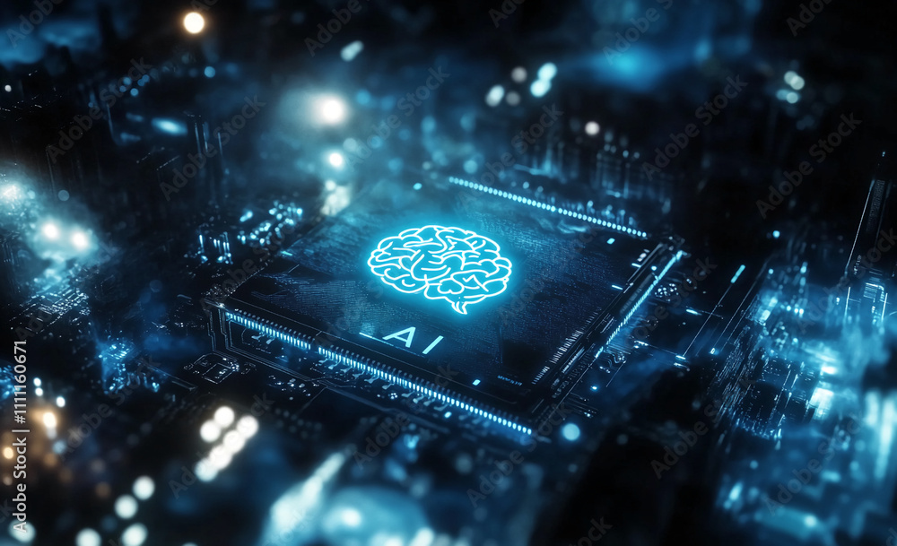 Poster modern technology showcases an advanced ai chip glowing in a high-tech setting during nighttime