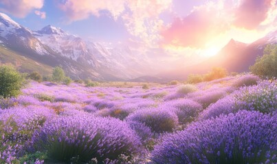 Obraz premium A picturesque meadow filled with blooming lavender flowers under a bright, sunny sky, creating a serene and vibrant natural scene with mountains in the background