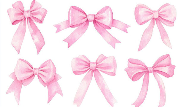 Coquette pink ribbon bow watercolor set isolated on white background. A delicate and charming hand drawn vector illustration. Perfect for greeting cards, printing and other design projects.