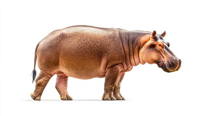 Naklejka premium A large hippopotamus stands against a white background. Its reddish-brown hide is textured and its posture is relaxed.