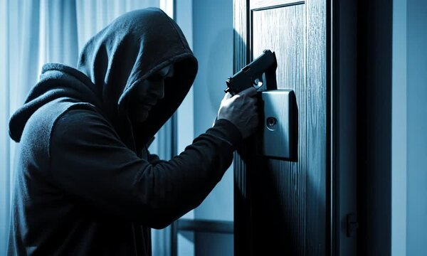 A hooded figure with a gun, standing menacingly by a door.  Crime scene, thriller, suspense, danger.