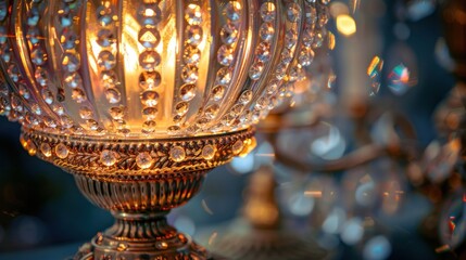 Obraz premium Illuminated crystal glass table lamp with ornate gold base.
