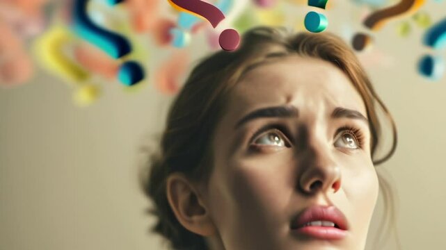 Young woman contemplates with a thoughtful expression as colorful question marks hover above her head, symbolizing curiosity, problem solving, and the search for answers