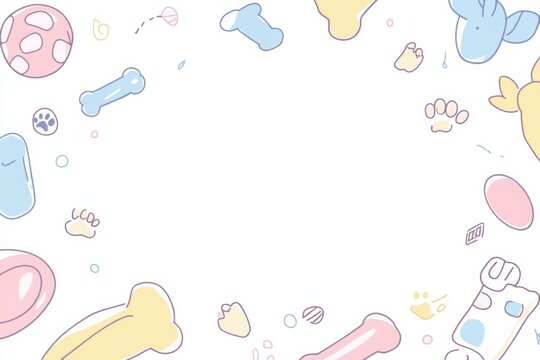 A colorful banner filled with doodles of dog toys, bones, and paw prints, perfect for adding personalized messages or designs. Generative AI