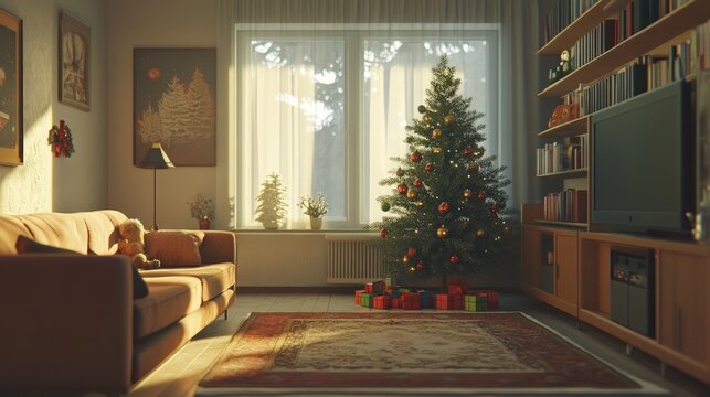 Cozy Festive Living Room, inviting space adorned with a modest Christmas tree, soft pastel colors, minimalist decor, creating a cheerful and serene holiday atmosphere