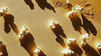 Unique perspective of popcorn scattered across sandy surface casting intriguing shadows in afternoon light