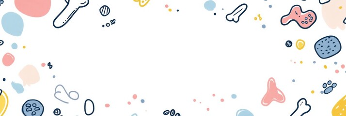 Colorful doodles of dog toys, bones, and paw prints create a playful banner ready for messages about pets or dog events and activities. Generative AI