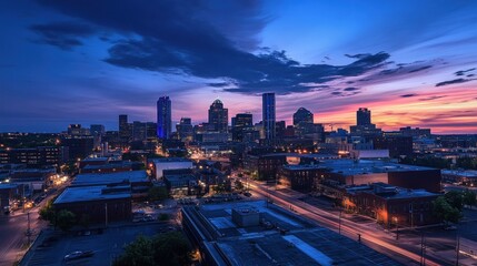 Fototapeta premium City skyline at twilight, colorful sunset.