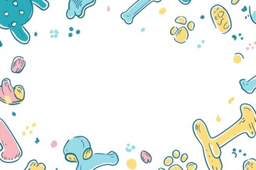 Obraz premium Bright and cheerful doodle banner decorated with dog toys, bones, and paw prints, offering a playful space for pet-related text or messages. Generative AI