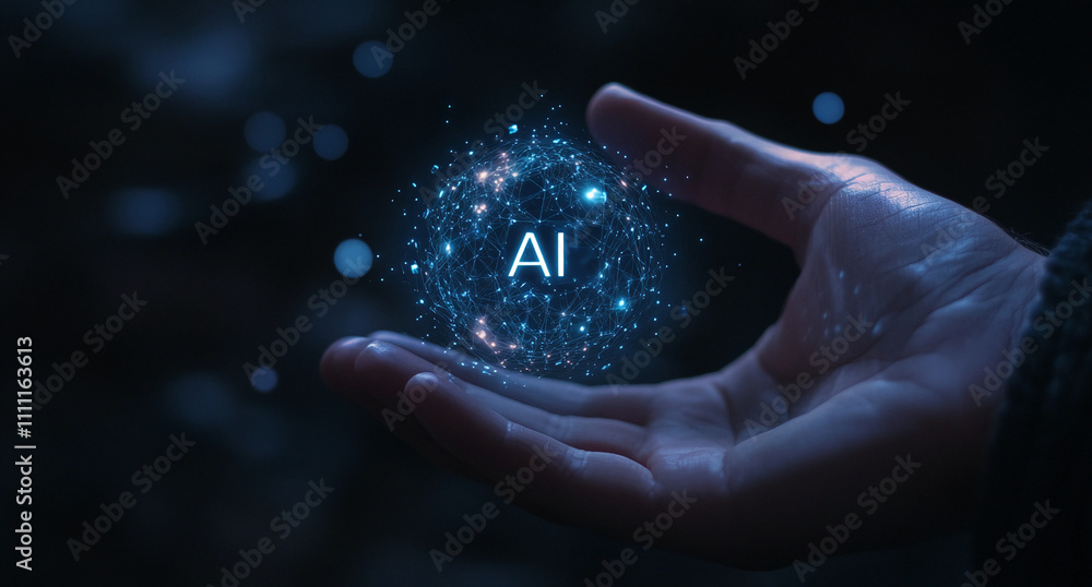 Poster hand holding glowing sphere representing artificial intelligence in a dark environment