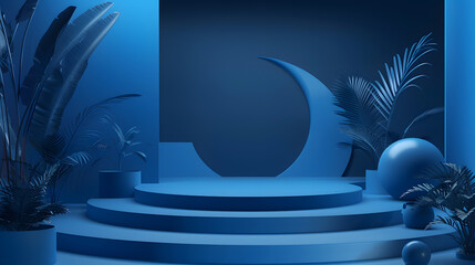 An elegant and modern abstract background in serene blue tones featuring a crescent moon, potted plants, and stylish architectural elements. It is a visually appealing and creative design