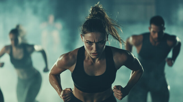 A group of people practicing high-intensity interval training (HIIT) with exercises that combine cardio and strength in a gym setting.A group of people practicing high-intensity interval training (HII