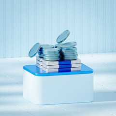 Stacks of blue coins placed on wrapped banknotes, with a few coins mid-air, arranged on a blue and white pedestal in a bright, minimalist setting with clean lines and geometric design.