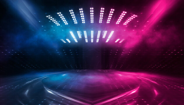 Neon tunnel with geometric lamps, pink and purple light, dark corridor, futuristic dark neon portal.