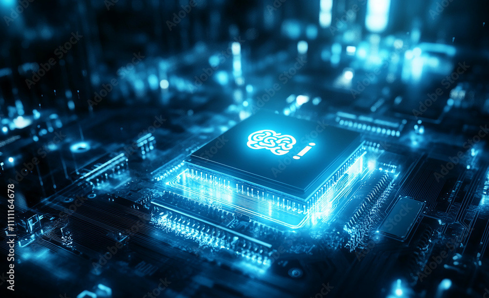 Poster Advanced microchip technology illuminated in blue lights showcasing intricate circuit design and connectivity