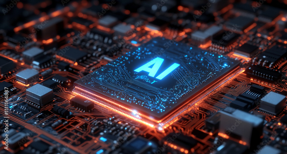 Aufkleber Advanced AI chip surrounded by intricate circuit board patterns with glowing details in a modern technology setting