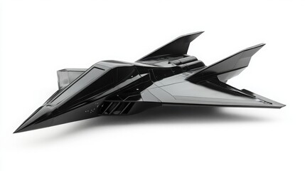 Sleek black spaceship model on a white background. Futuristic design with sharp angles and smooth surfaces. A captivating image for sci-fi enthusiasts.
