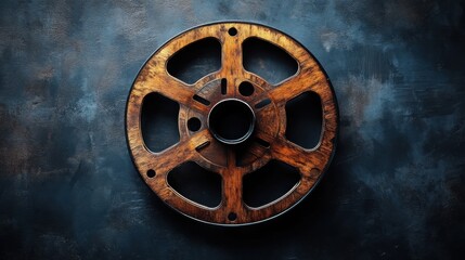 Fototapeta premium A weathered wooden film reel rests on a dark, textured background. The rich tones of the wood and the moody setting create a nostalgic feel.